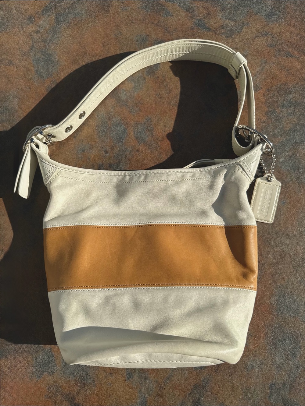 Vintage Coach Two-Tone White and Tan Leather Bucket Bag